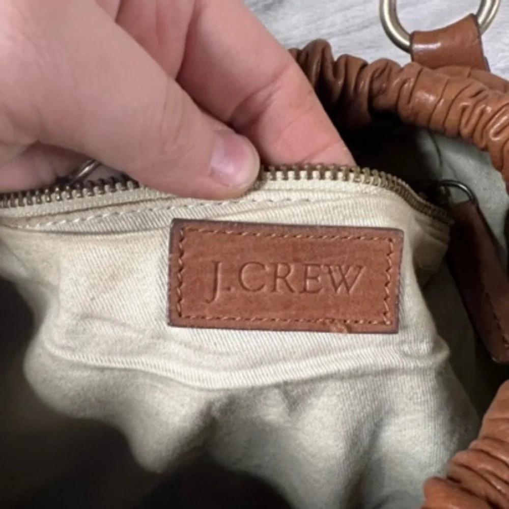 J.Crew Womens Hobo Handbag Brown Leather Drawstring Outer Pocket‎ Hardware S